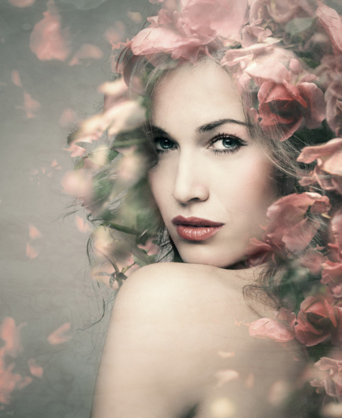 woman beauty portrait with flowers  composite photo